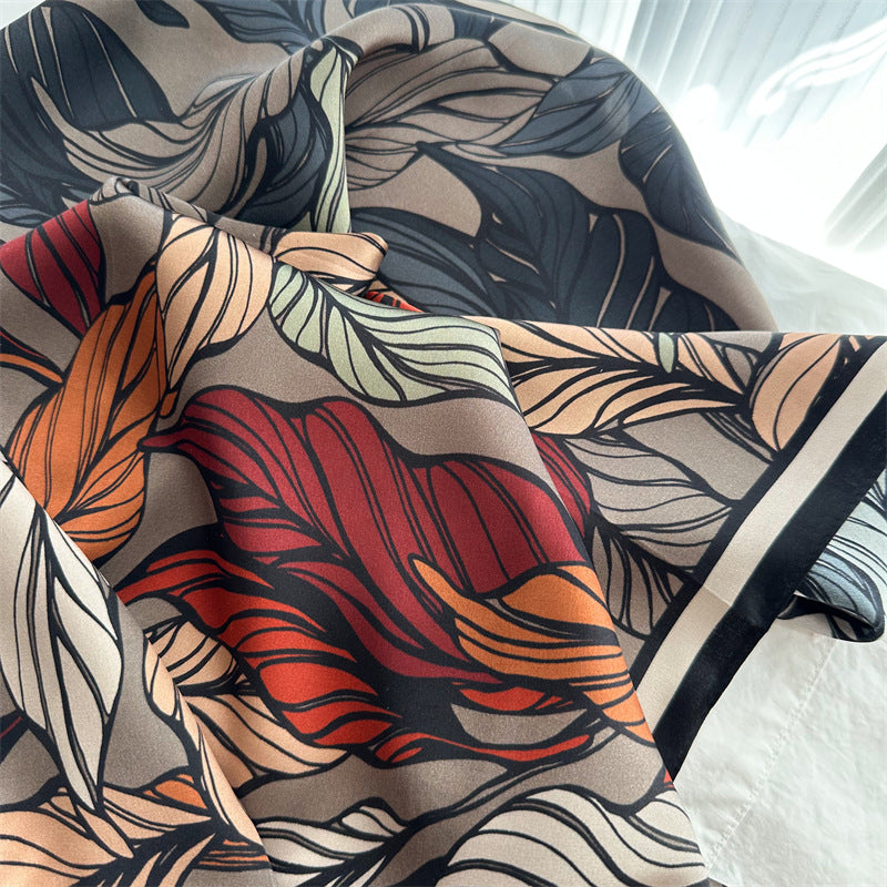 65cm Mulberry Silk Leaf Print Scarf – Double Crepe Square Shawl for Spring and Summer