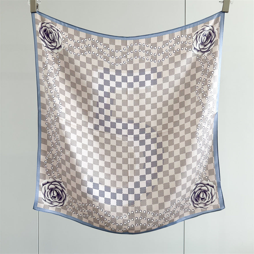 65cm Mulberry Silk Scarf – Digital 5 Grid Pattern Square Silk Shawl for Women, Elegant & Versatile Accessory