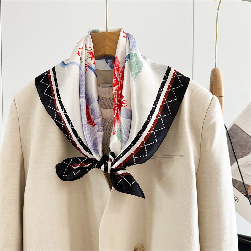 65cm Mulberry Silk Floral Peony Scarf – Double Crepe Square Shawl for Spring & Summer