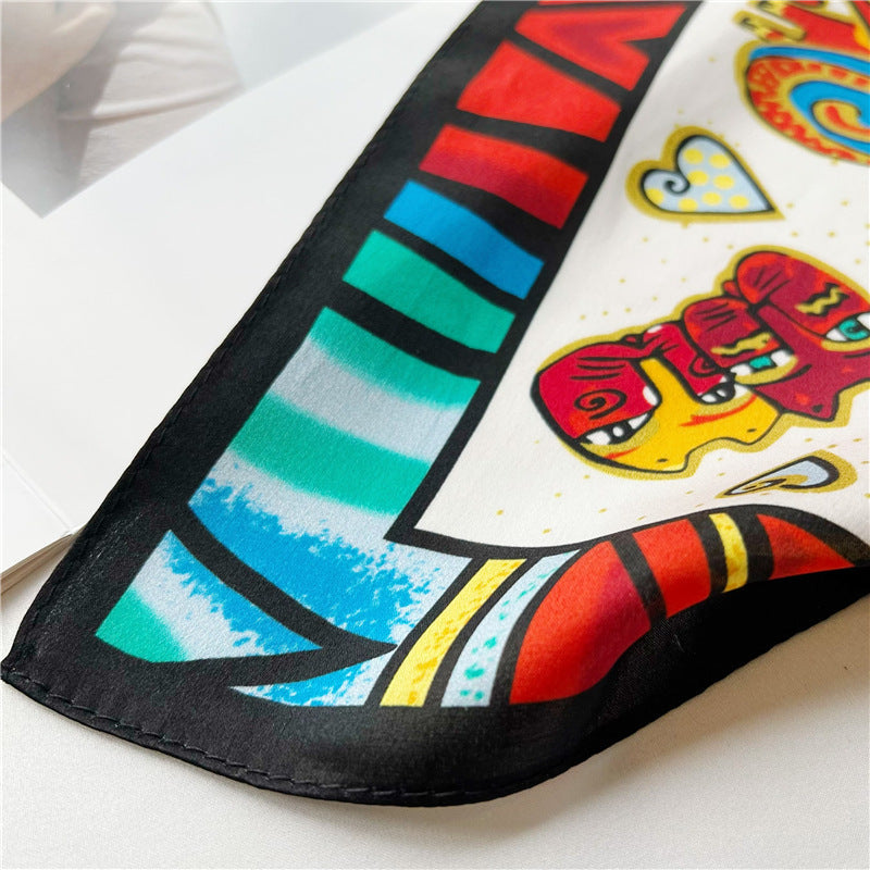 26'' Cartoon Cat Mulberry Silk Scarf – Playful & Cute Square Silk Shawl for Women, Fun & Unique Accessory