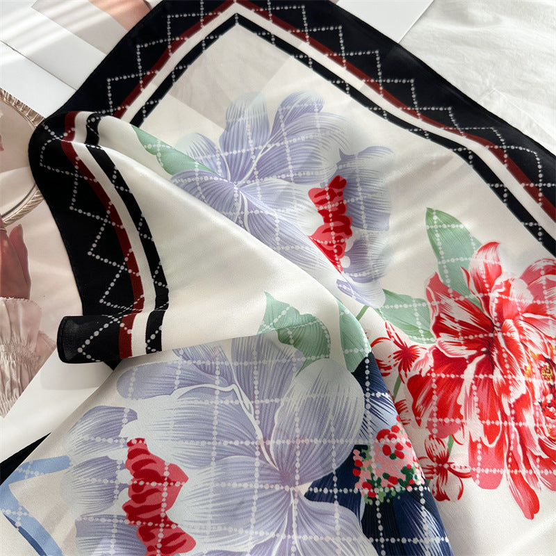 65cm Mulberry Silk Floral Peony Scarf – Double Crepe Square Shawl for Spring & Summer