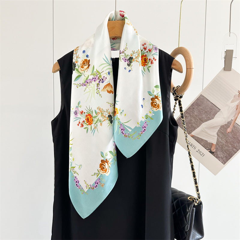 26'' Fresh Blue Border Floral Mulberry Silk Scarf – Elegant Floral Square Silk Shawl for Women, Soft & Feminine Accessory