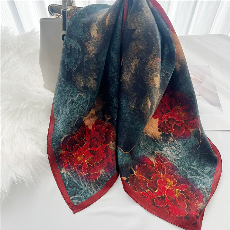 26'' Chinese Aesthetic Flower Bloom Mulberry Silk Scarf – Elegant Women's Silk Shawl, Spring & Summer Fashion Accessory