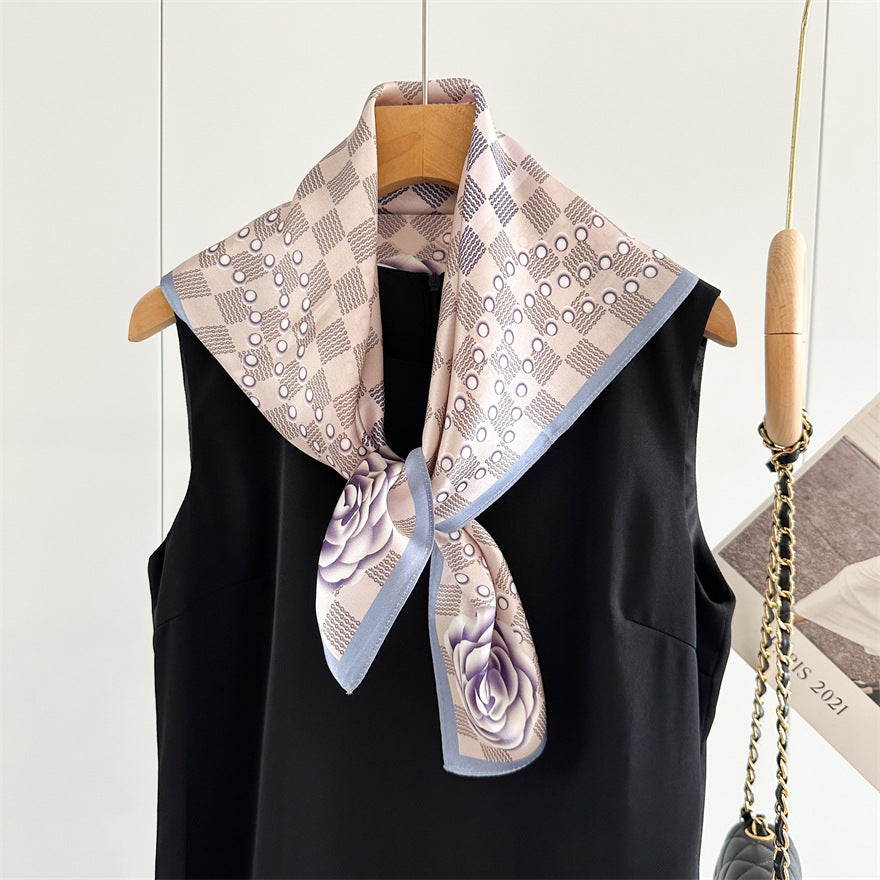 65cm Mulberry Silk Scarf – Digital 5 Grid Pattern Square Silk Shawl for Women, Elegant & Versatile Accessory