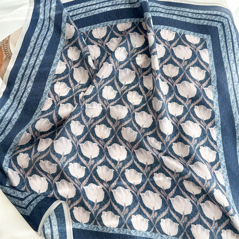 65cm Blue Lily of the Valley Mulberry Silk Scarf – Elegant Square Silk Shawl for Women, Fresh & Versatile Accessory