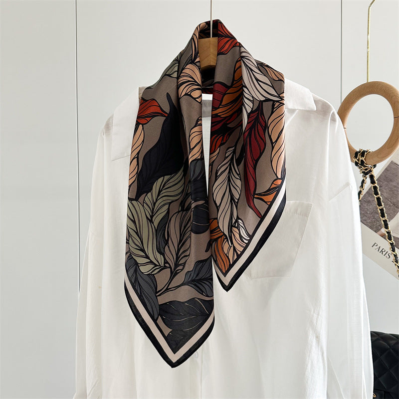 65cm Mulberry Silk Leaf Print Scarf – Double Crepe Square Shawl for Spring and Summer