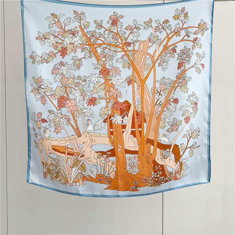 26'' Light Blue Jungle-Inspired Mulberry Silk Scarf – Soft & Elegant Square Silk Shawl for Women, Nature-Inspired Accessory
