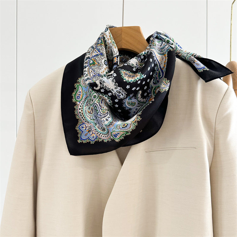 26'' Black Base Colorful Paisley Mulberry Silk Scarf – Elegant Square Silk Shawl for Women, Luxury Fashion Accessory