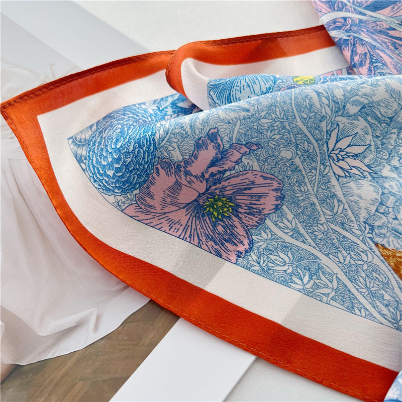 65cm Mulberry Silk Whimsical Garden Scarf Double Crepe Spring Summer Square Shawl