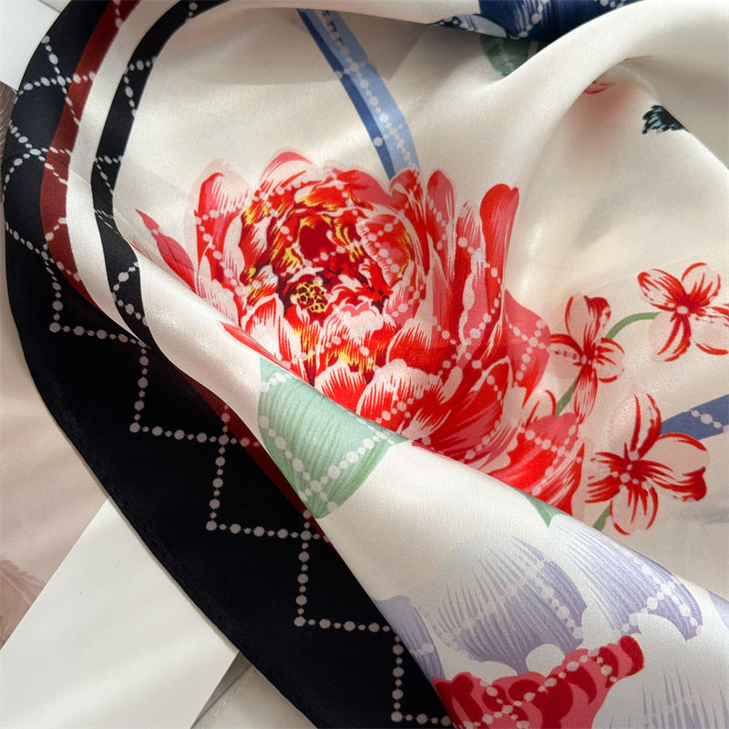 65cm Mulberry Silk Floral Peony Scarf – Double Crepe Square Shawl for Spring & Summer