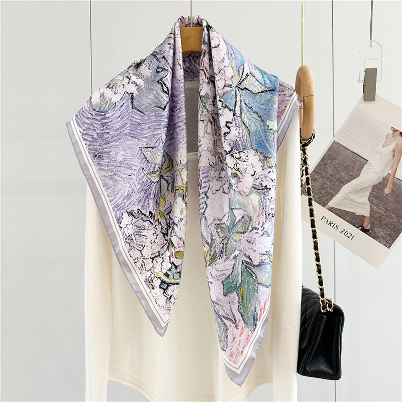 65cm Mulberry Silk Twill Scarf – Hand-Painted Style Print in Purple, Square Silk Shawl for Spring & Summer