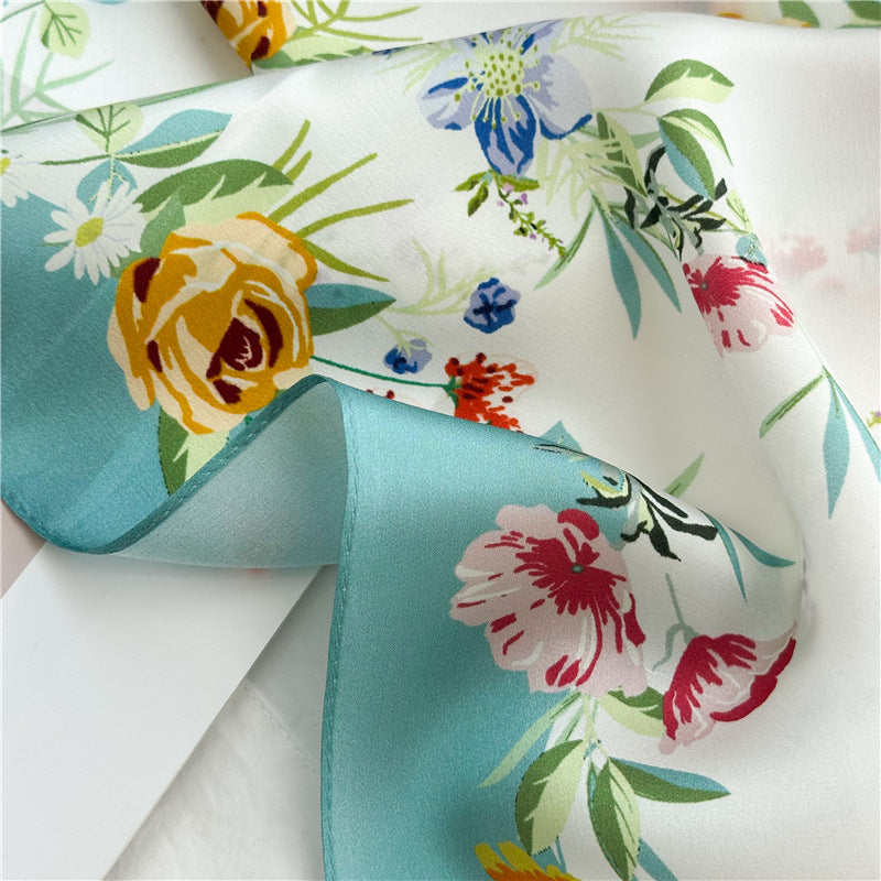 26'' Fresh Blue Border Floral Mulberry Silk Scarf – Elegant Floral Square Silk Shawl for Women, Soft & Feminine Accessory