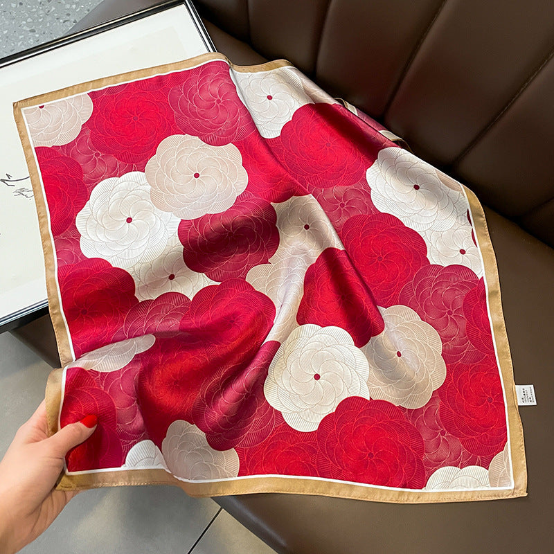 53cm Mulberry Silk Small Square Scarf for Women - Korean Version, Spliced 3D Overlapping Rose Design, Elegant Gift for Tying Bags