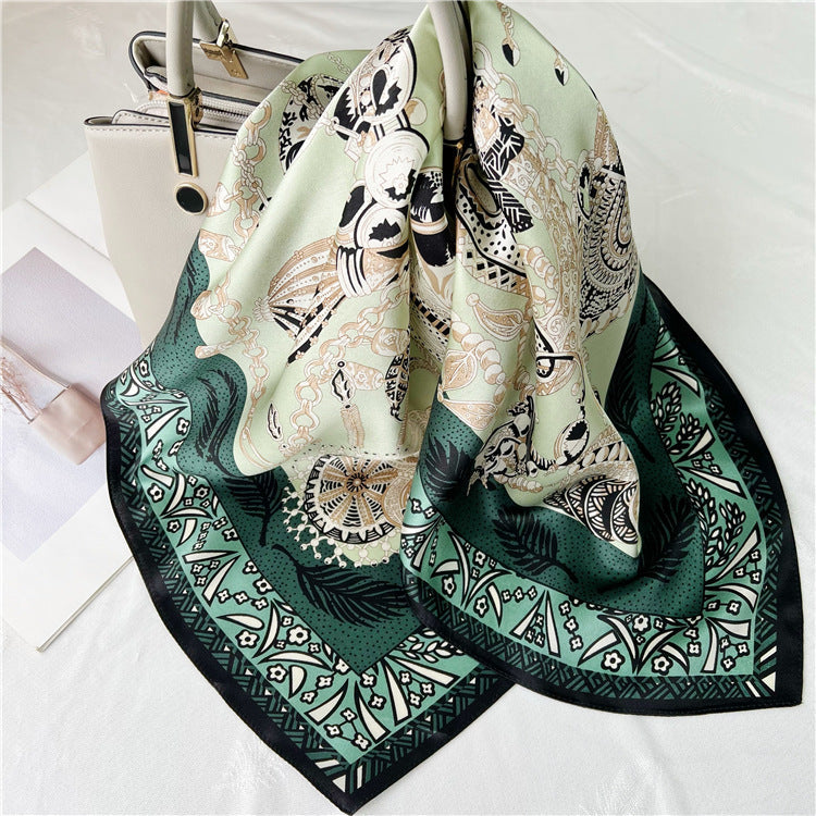 26'' Green Scepter Mulberry Silk Scarf – Elegant Square Silk Shawl for Women, Royal-Inspired Luxury Accessory