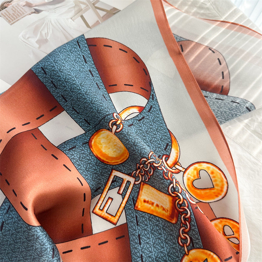 65cm Belt Pattern Mulberry Silk Scarf – Square Silk Shawl for Women, Elegant & Versatile Accessory