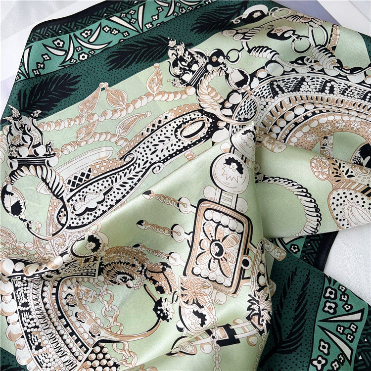 26'' Green Scepter Mulberry Silk Scarf – Elegant Square Silk Shawl for Women, Royal-Inspired Luxury Accessory