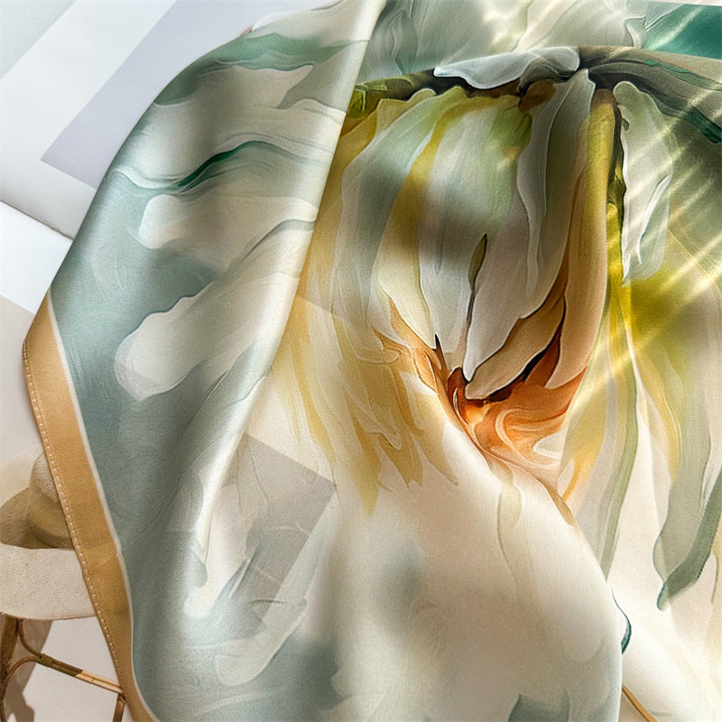 26'' Oil Painting Peony Mulberry Silk Scarf – Elegant Floral Square Silk Shawl for Women, Artistic & Timeless Accessory