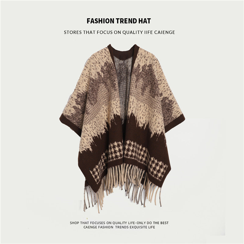 Ethnic Style Women's Shawl, Thickened Cape Coat for Autumn and Winter, Travel Photography Split Cloak