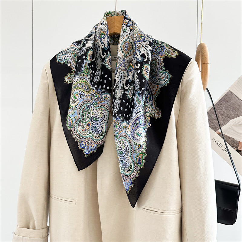 26'' Black Base Colorful Paisley Mulberry Silk Scarf – Elegant Square Silk Shawl for Women, Luxury Fashion Accessory