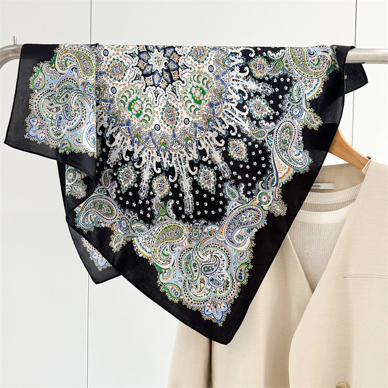 26'' Black Base Colorful Paisley Mulberry Silk Scarf – Elegant Square Silk Shawl for Women, Luxury Fashion Accessory
