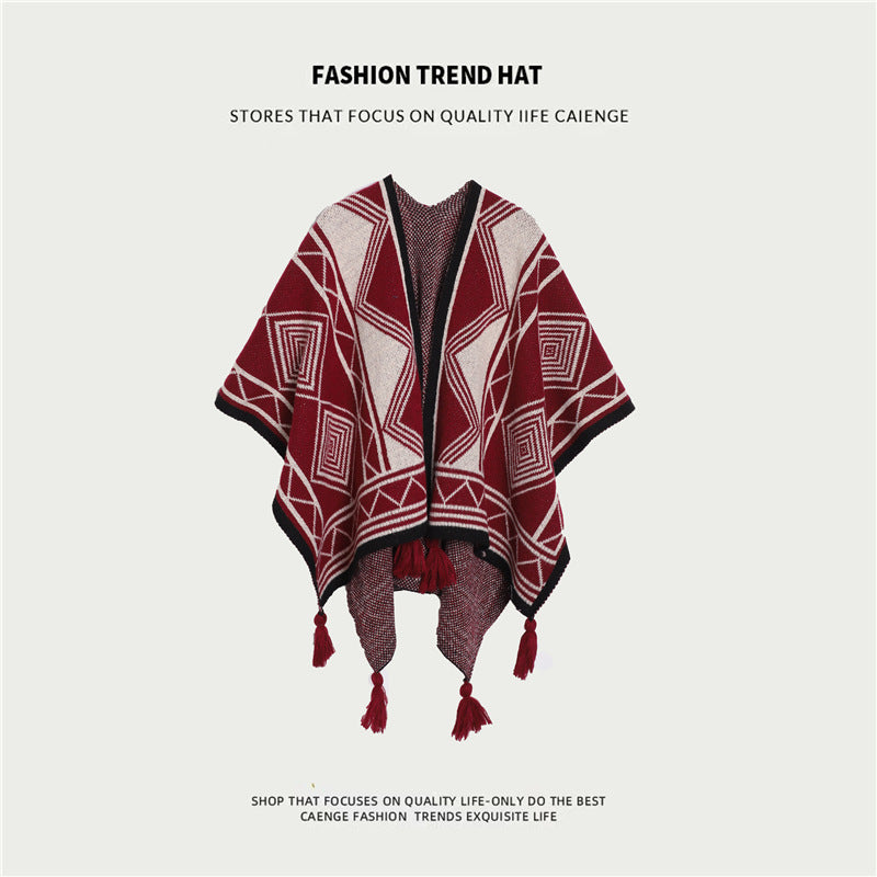 Ethnic Style Women's Shawl, Thickened Cape Coat for Autumn and Winter, Travel Photography Split Cloak