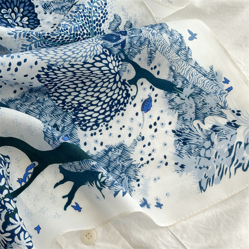 26'' Forest Blue Mulberry Silk Scarf – Nature-Inspired Square Silk Shawl for Women, Calm & Elegant Accessory