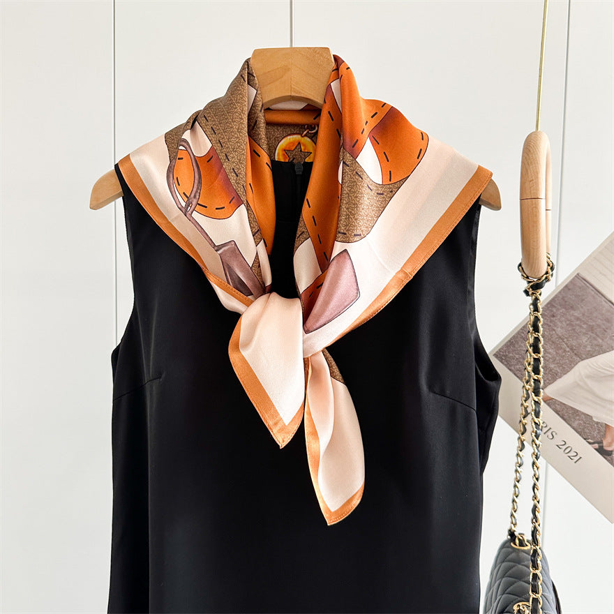 65cm Belt Pattern Mulberry Silk Scarf – Square Silk Shawl for Women, Elegant & Versatile Accessory
