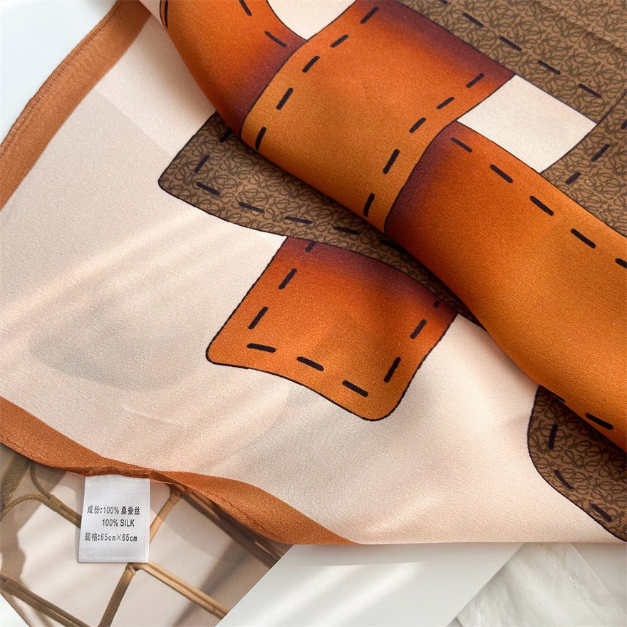 65cm Belt Pattern Mulberry Silk Scarf – Square Silk Shawl for Women, Elegant & Versatile Accessory