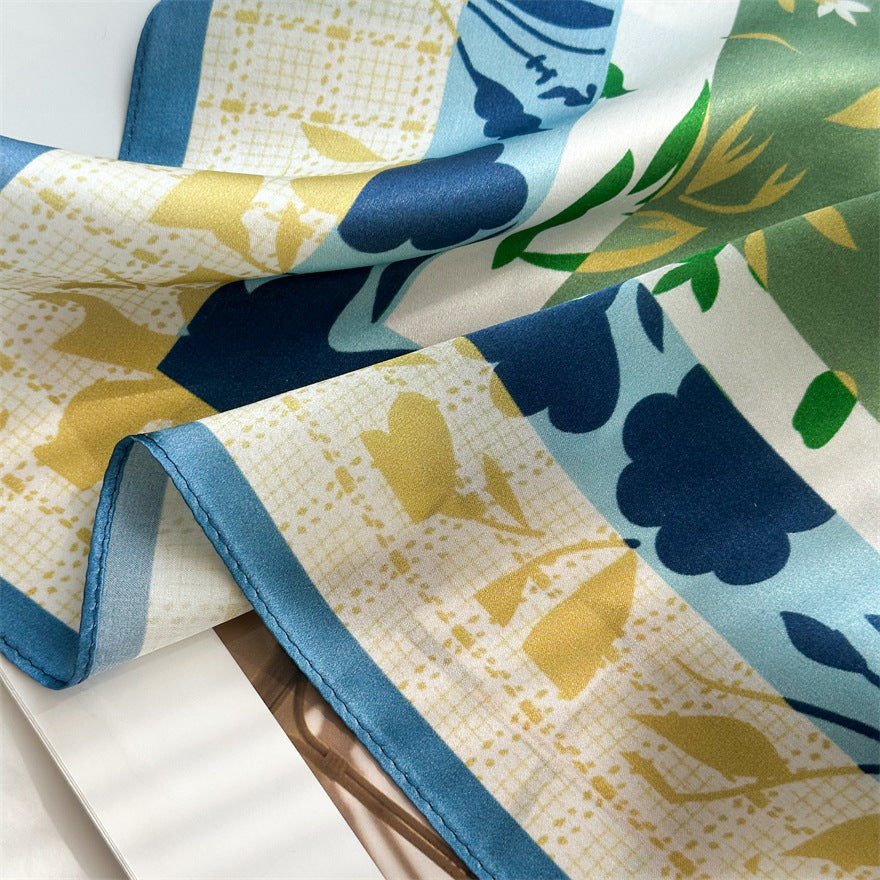 65cm Fresh Floral Mulberry Silk Scarf – Elegant Square Silk Shawl for Women, Lightweight & Versatile Accessory