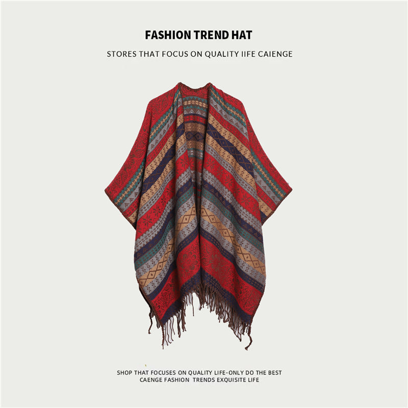 Ethnic Style Women's Shawl, Thickened Cape Coat for Autumn and Winter, Travel Photography Split Cloak