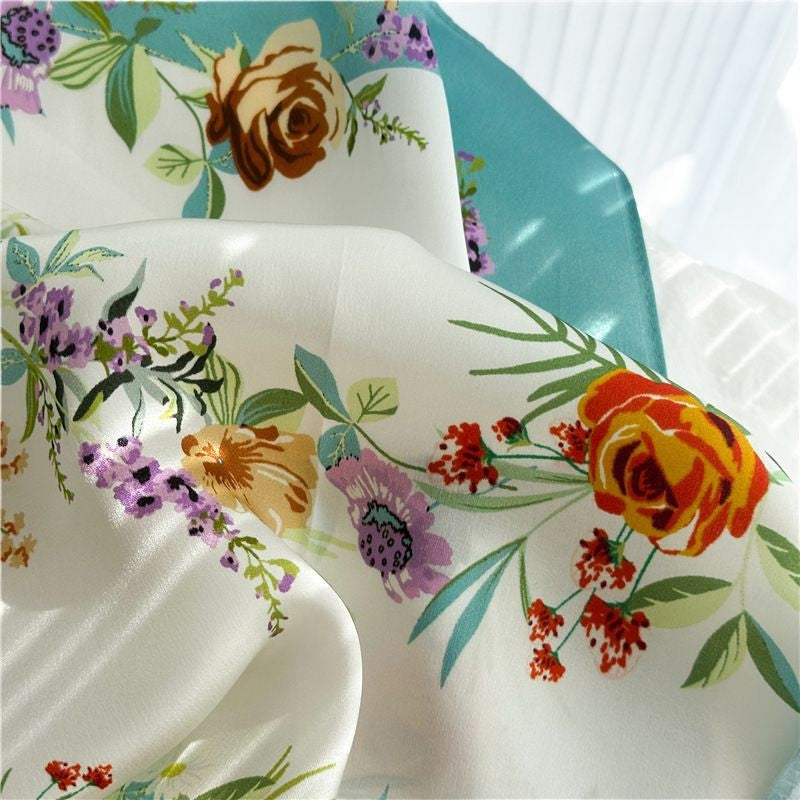 26'' Fresh Blue Border Floral Mulberry Silk Scarf – Elegant Floral Square Silk Shawl for Women, Soft & Feminine Accessory