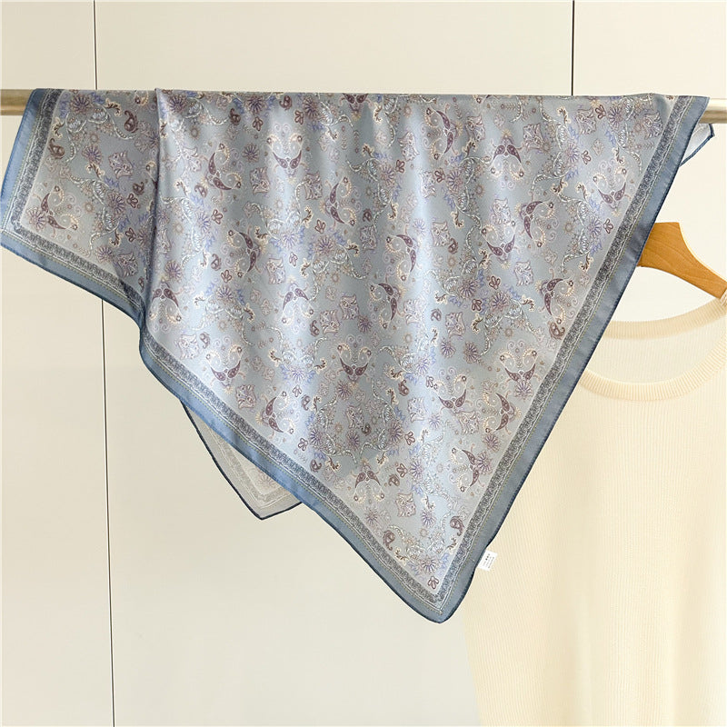 26'' Light Blue Ditsy Floral Mulberry Silk Scarf – Delicate Women’s Square Shawl with Charming, Airy Print