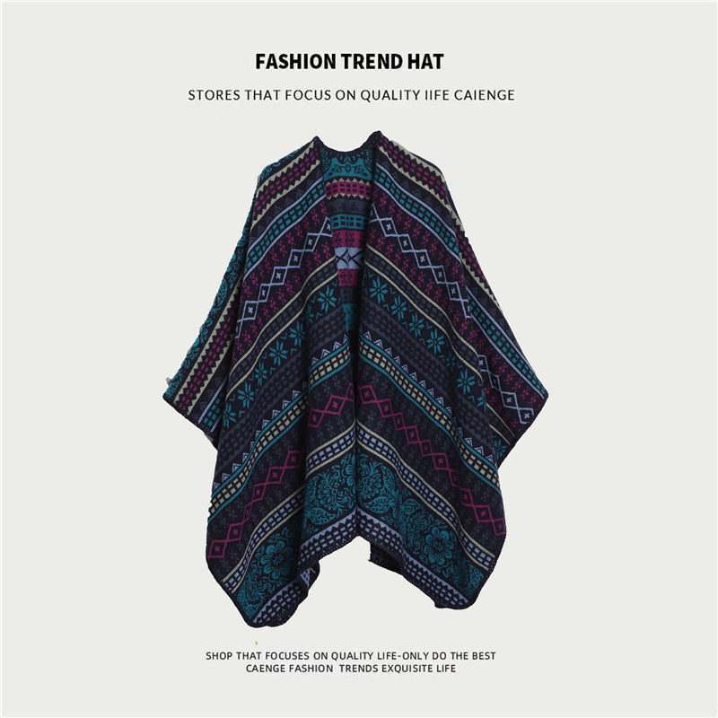Ethnic Style Women's Shawl, Thickened Cape Coat for Autumn and Winter, Travel Photography Split Cloak