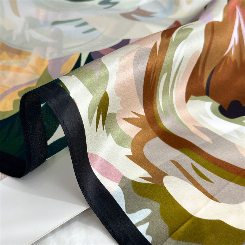 65cm Mulberry Silk Bold Rose Scarf – Double Crepe Square Shawl for Women, Elegant Floral Accessory