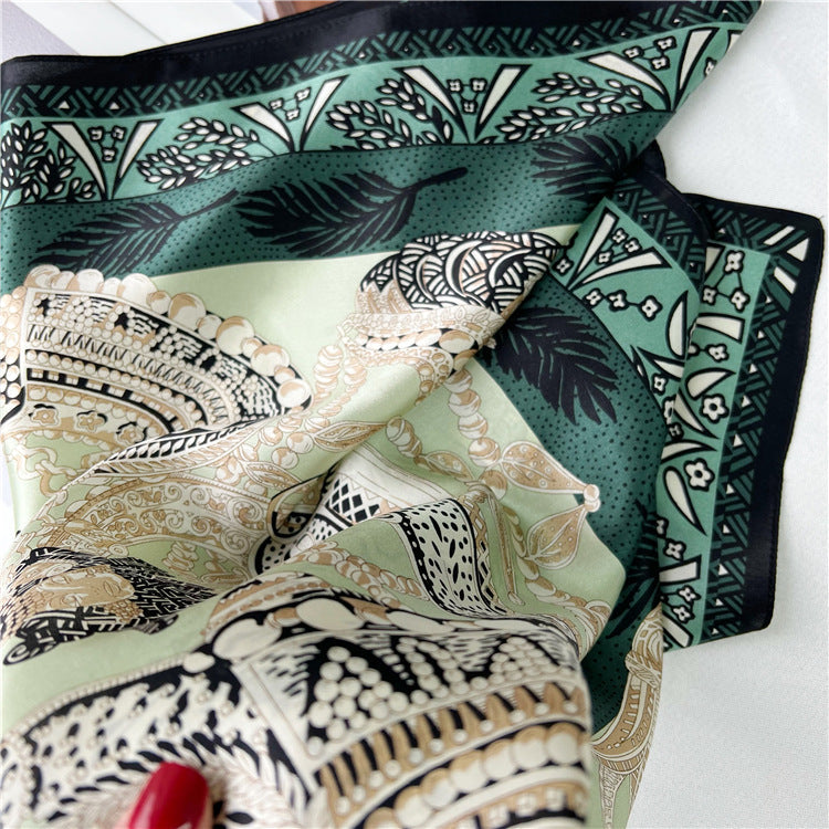 26'' Green Scepter Mulberry Silk Scarf – Elegant Square Silk Shawl for Women, Royal-Inspired Luxury Accessory