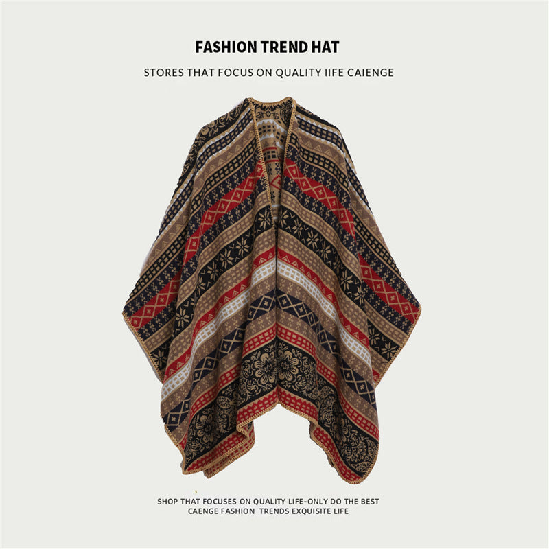 Ethnic Style Women's Shawl, Thickened Cape Coat for Autumn and Winter, Travel Photography Split Cloak