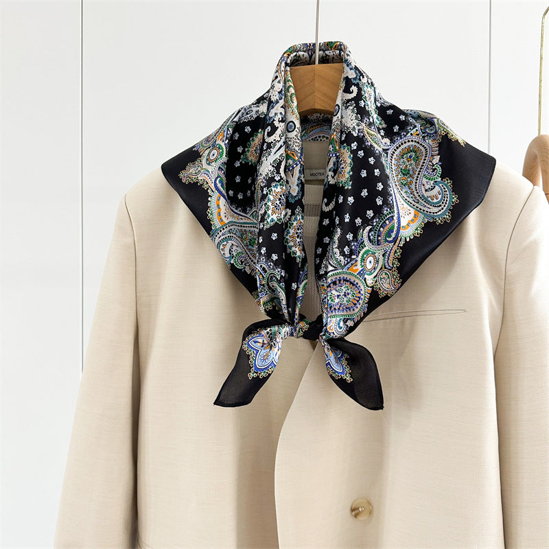 26'' Black Base Colorful Paisley Mulberry Silk Scarf – Elegant Square Silk Shawl for Women, Luxury Fashion Accessory