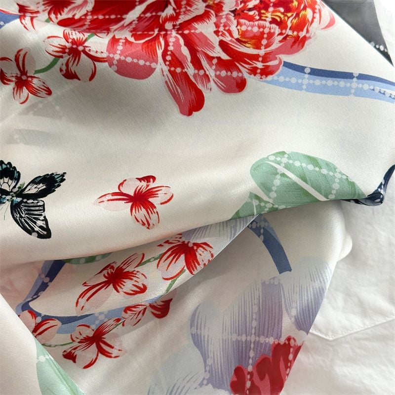 65cm Mulberry Silk Floral Peony Scarf – Double Crepe Square Shawl for Spring & Summer