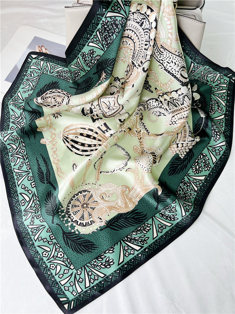 26'' Green Scepter Mulberry Silk Scarf – Elegant Square Silk Shawl for Women, Royal-Inspired Luxury Accessory