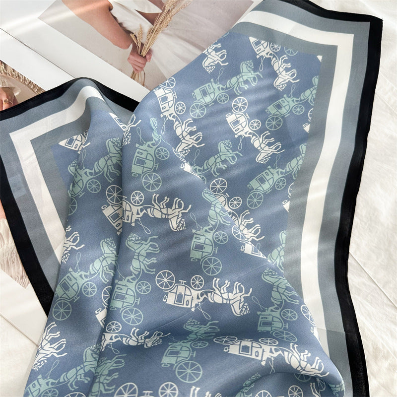 Denim Blue Carriage Print Mulberry Silk Scarf – 65cm Square Double Crepe Shawl