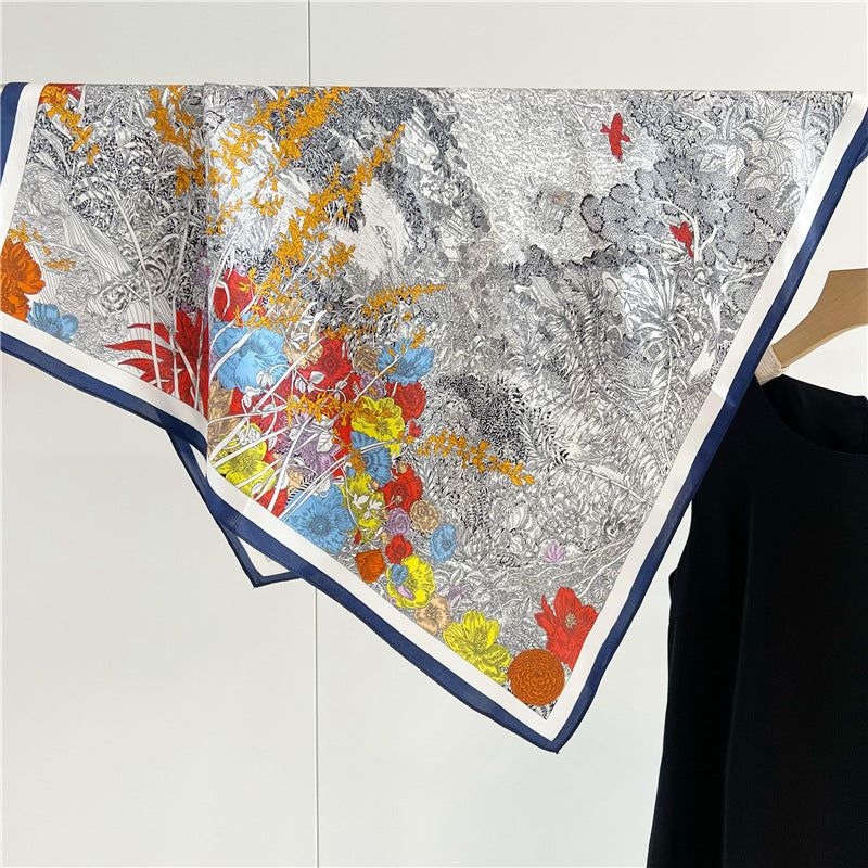 65cm Mulberry Silk Whimsical Garden Scarf Double Crepe Spring Summer Square Shawl