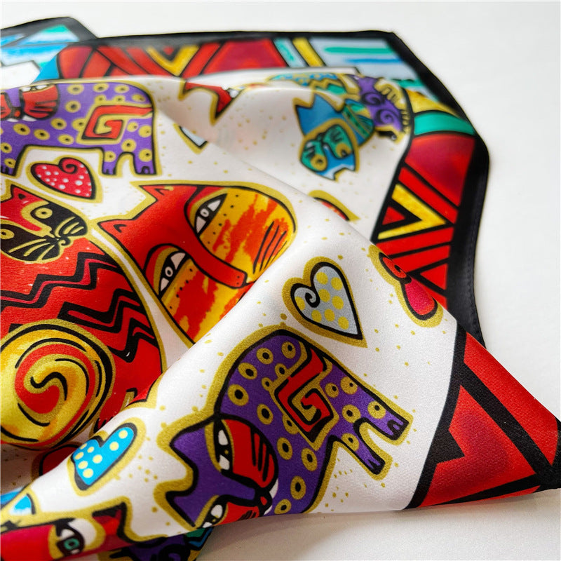 26'' Cartoon Cat Mulberry Silk Scarf – Playful & Cute Square Silk Shawl for Women, Fun & Unique Accessory