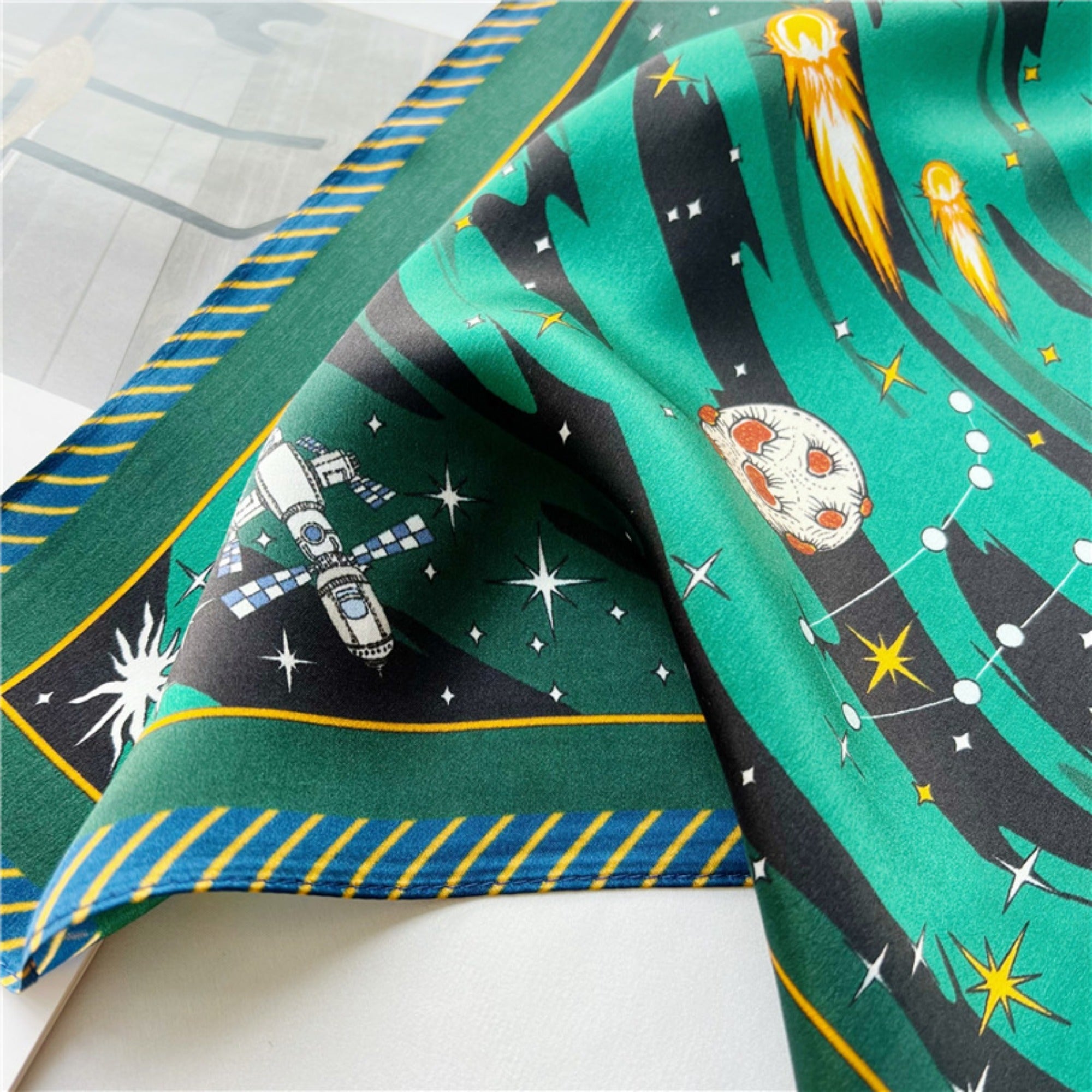 26'' Starry Green Mulberry Silk Scarf – Dreamy Night Sky-Inspired Square Silk Shawl for Women, Elegant & Sophisticated Accessory