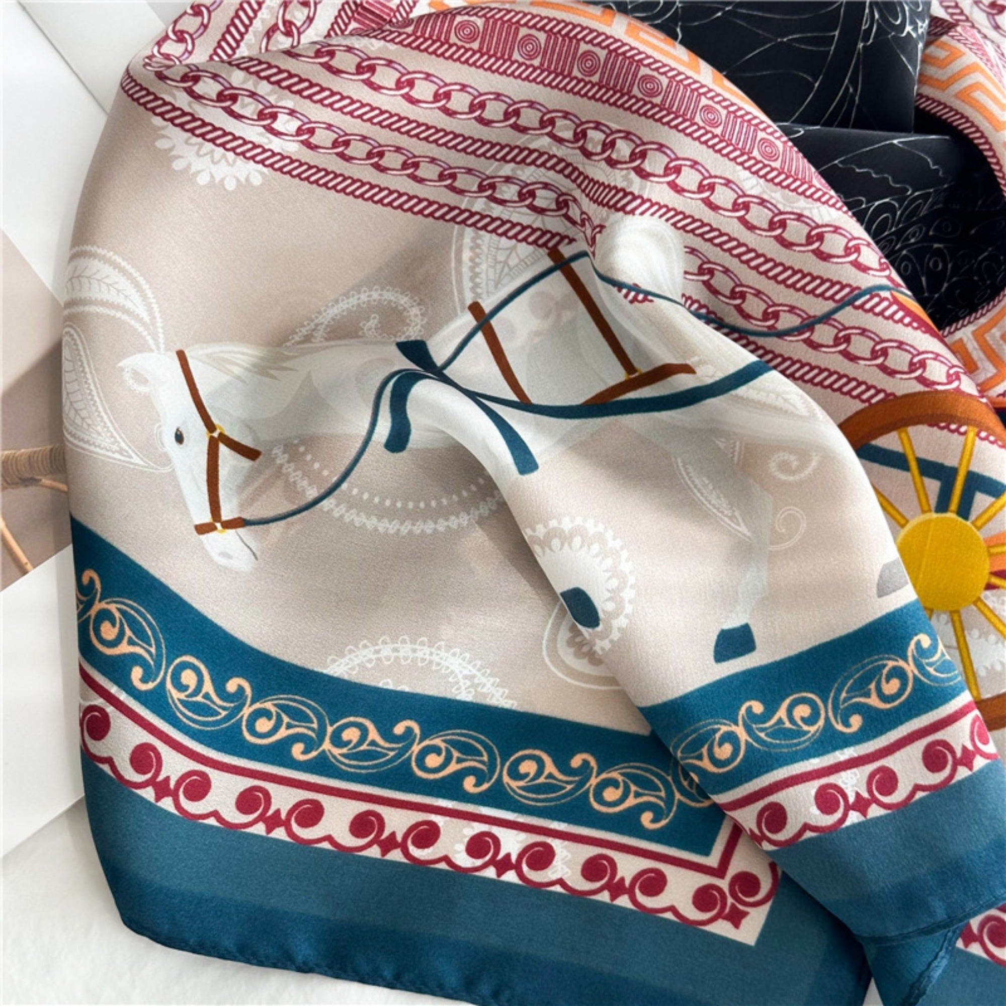 26'' Classic Carriage & Paisley Mulberry Silk Scarf – Timeless Women’s Square Shawl with Heritage-Inspired Design