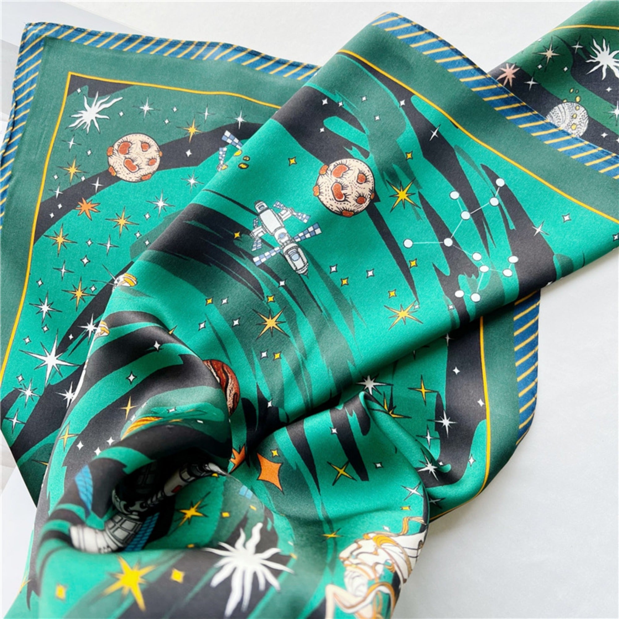 26'' Starry Green Mulberry Silk Scarf – Dreamy Night Sky-Inspired Square Silk Shawl for Women, Elegant & Sophisticated Accessory