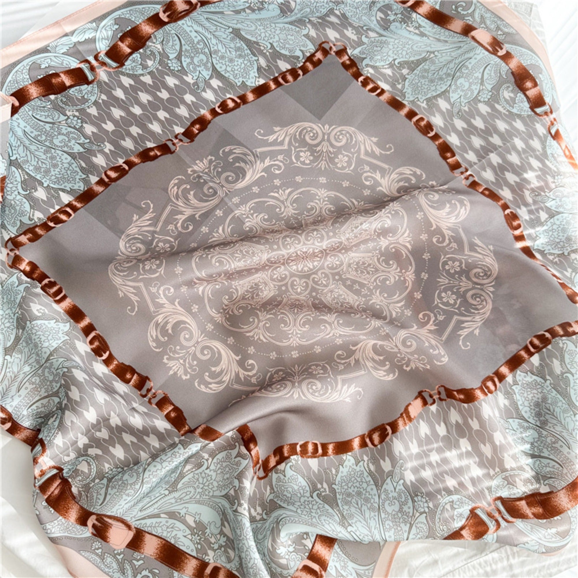 26'' Gray Pink Floral Mulberry Silk Scarf – Elegant Floral Square Silk Shawl for Women, Soft & Feminine Accessory