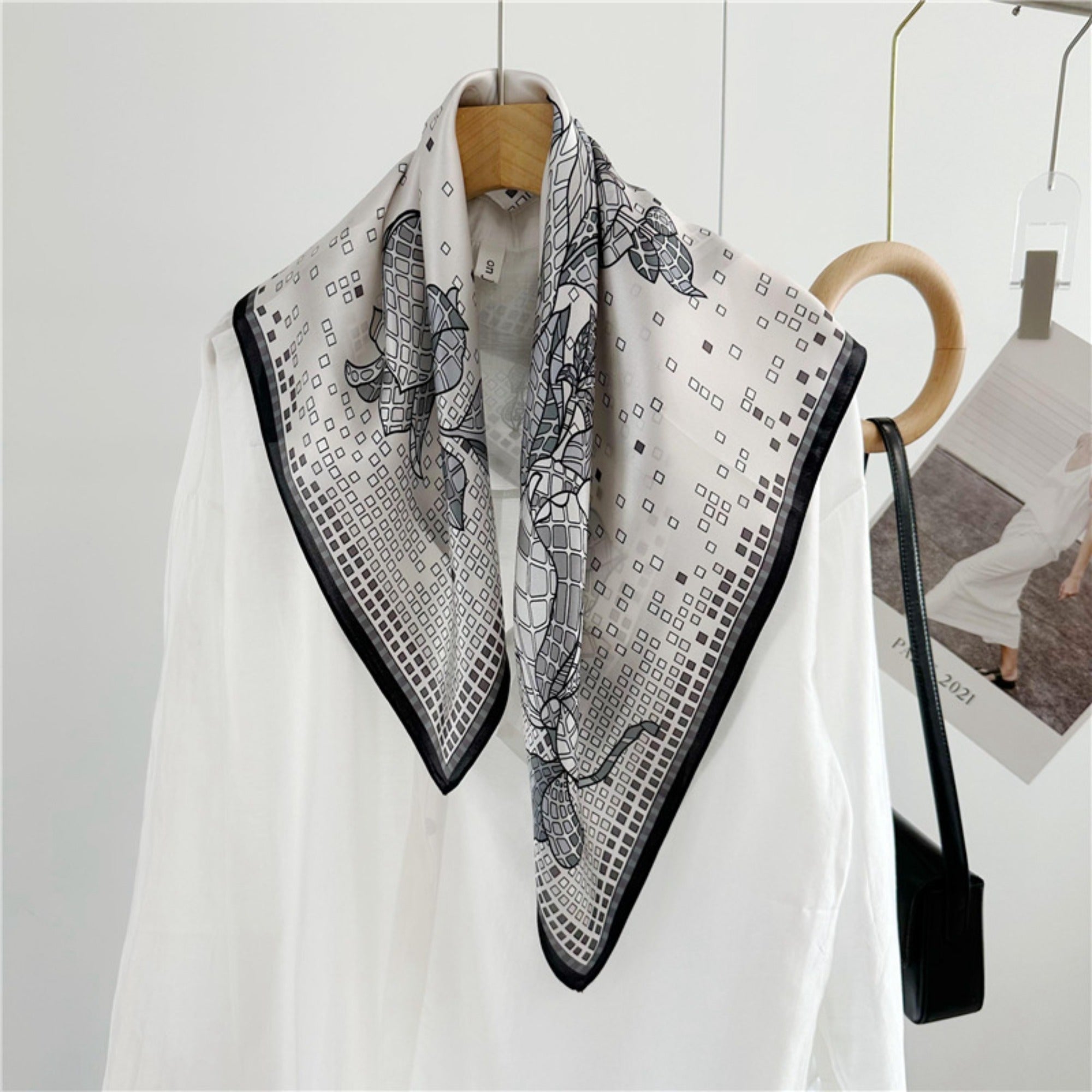 26'' Minimalist Grey Floral Mulberry Silk Scarf – Elegant & Subtle Square Silk Shawl for Women, Modern Floral Design