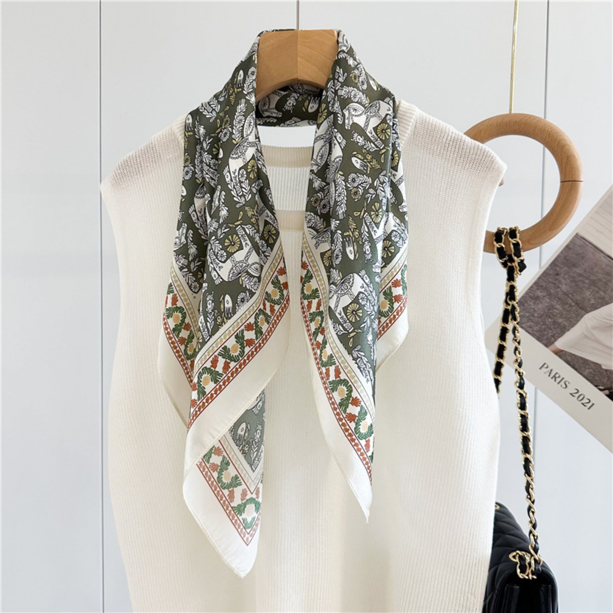 Green Equestrian Horse Print Silk Scarf | 100% Mulberry Silk 26'' Square Scarf