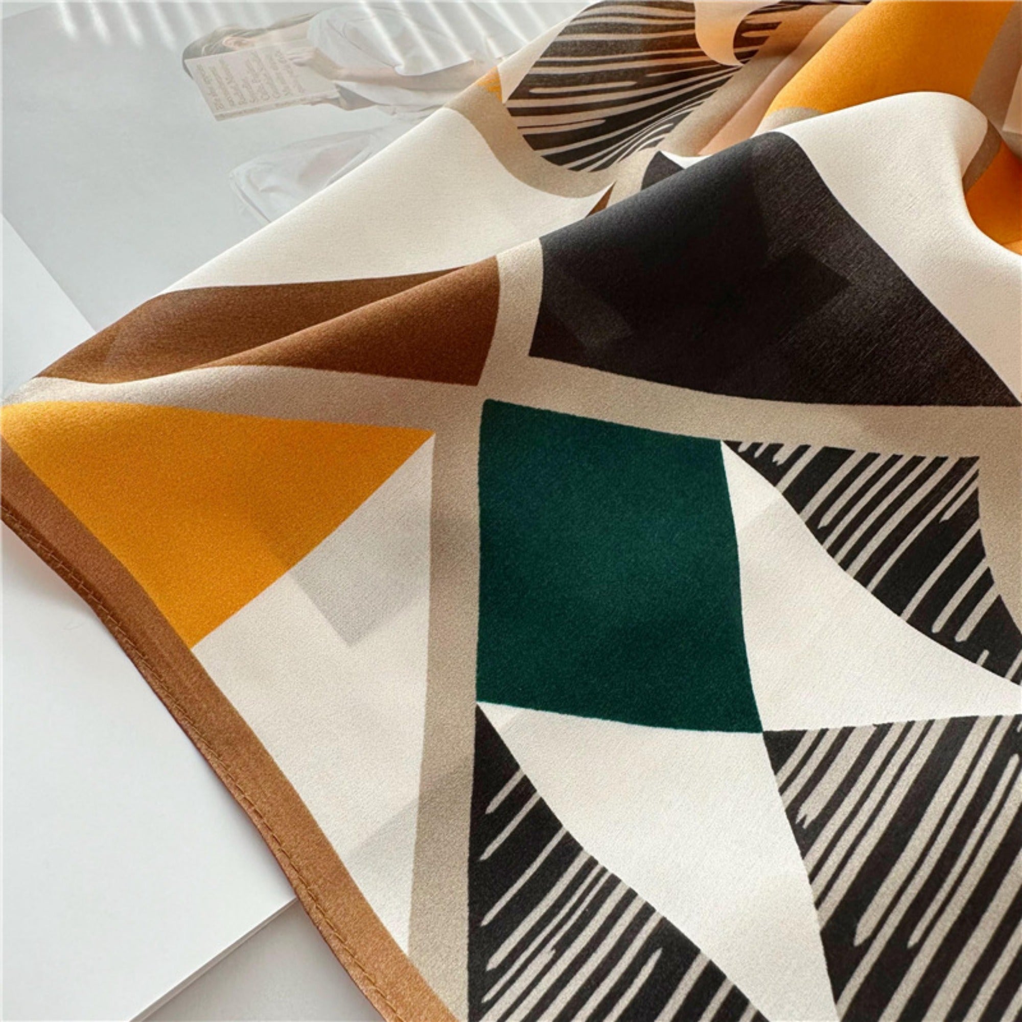 26'' Triangle Geometric Colorblock Mulberry Silk Scarf – Modern & Bold Square Silk Shawl for Women, Unique Geometric Design