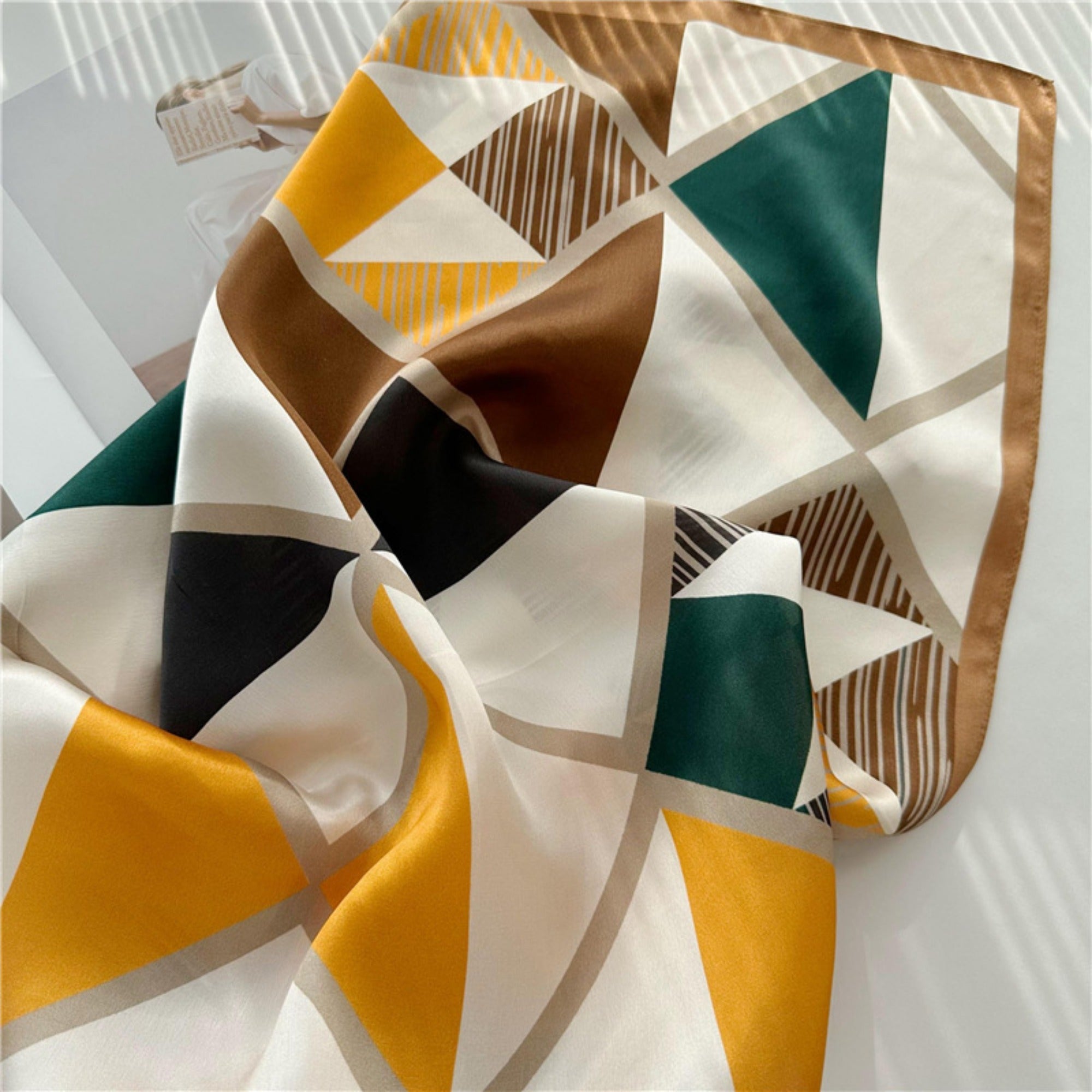 26'' Triangle Geometric Colorblock Mulberry Silk Scarf – Modern & Bold Square Silk Shawl for Women, Unique Geometric Design